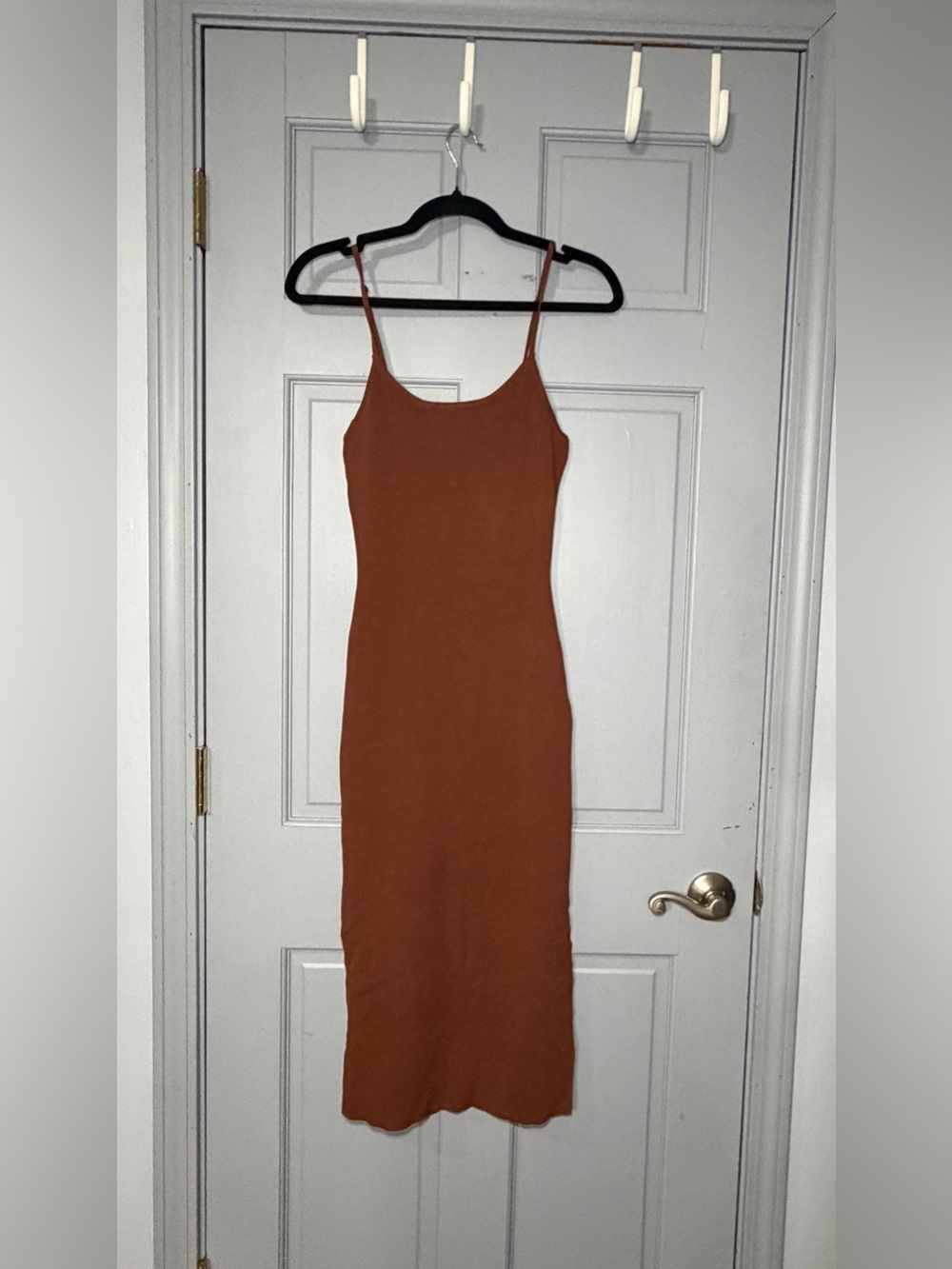 Brown Spaghetti-Strap ribbed fitted bodycon Dress